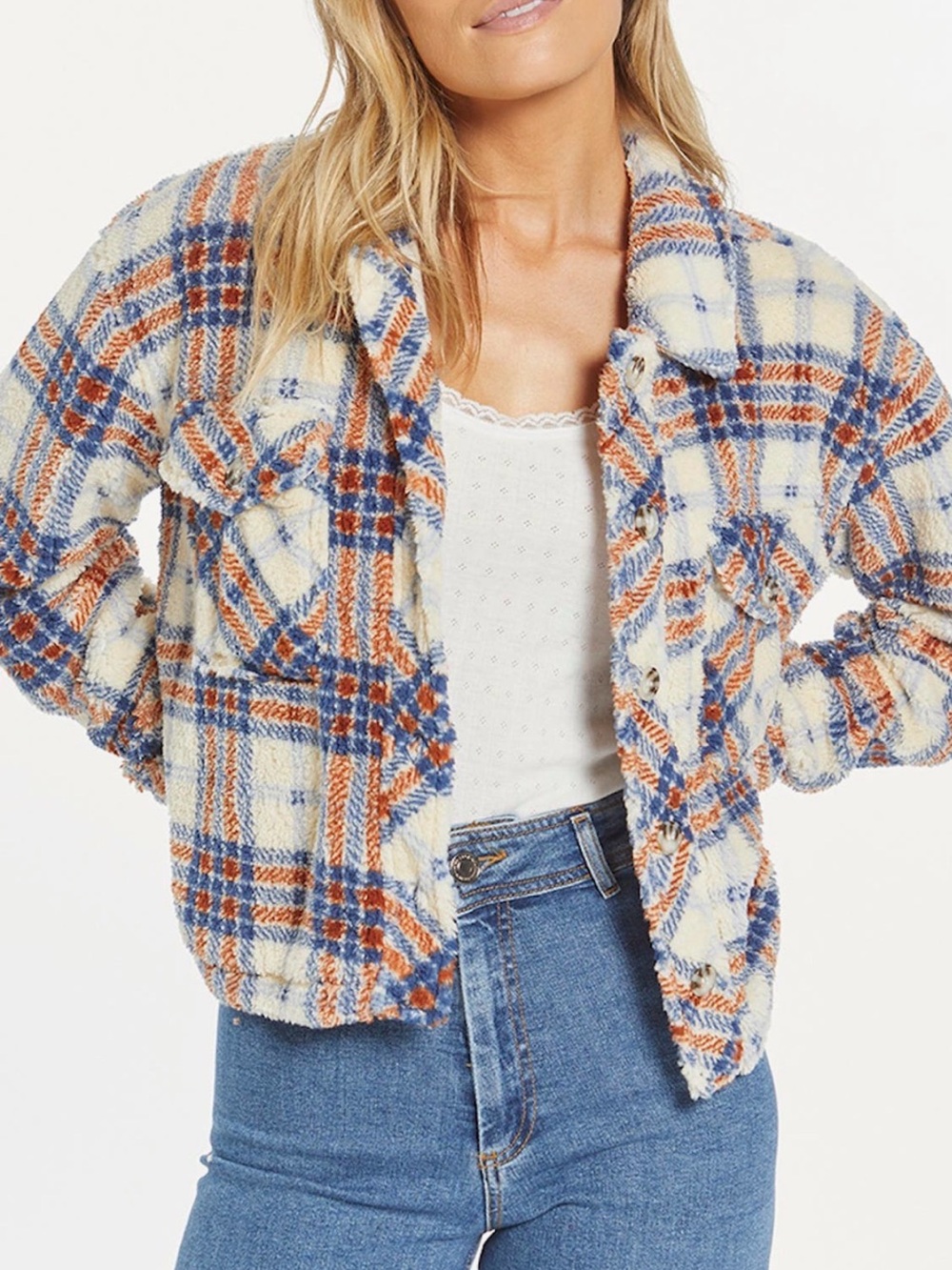 Thread & Supply Cream Plaid Teddy Jacket with Blue & Orange Accents